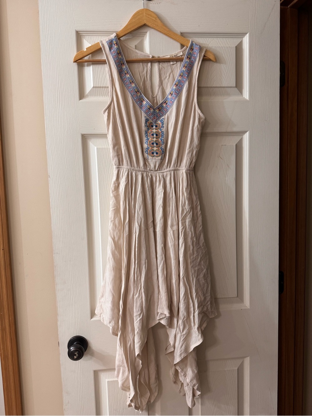 miami Cream Handkerchief Hem Dress with Blue Embroidery